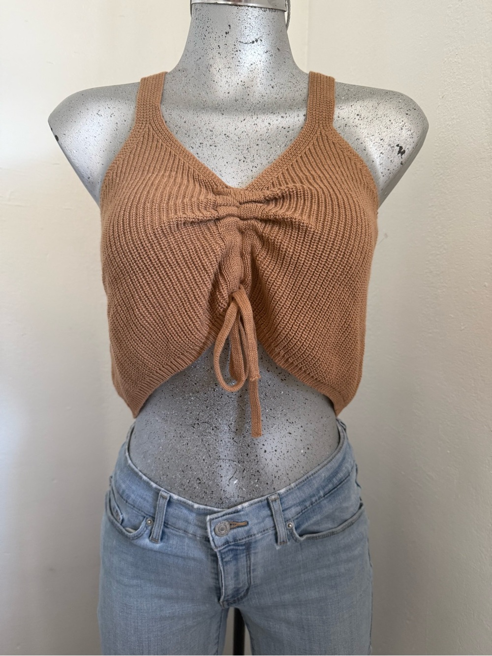 Cropped Drawstring Knit Tank Top - Camel